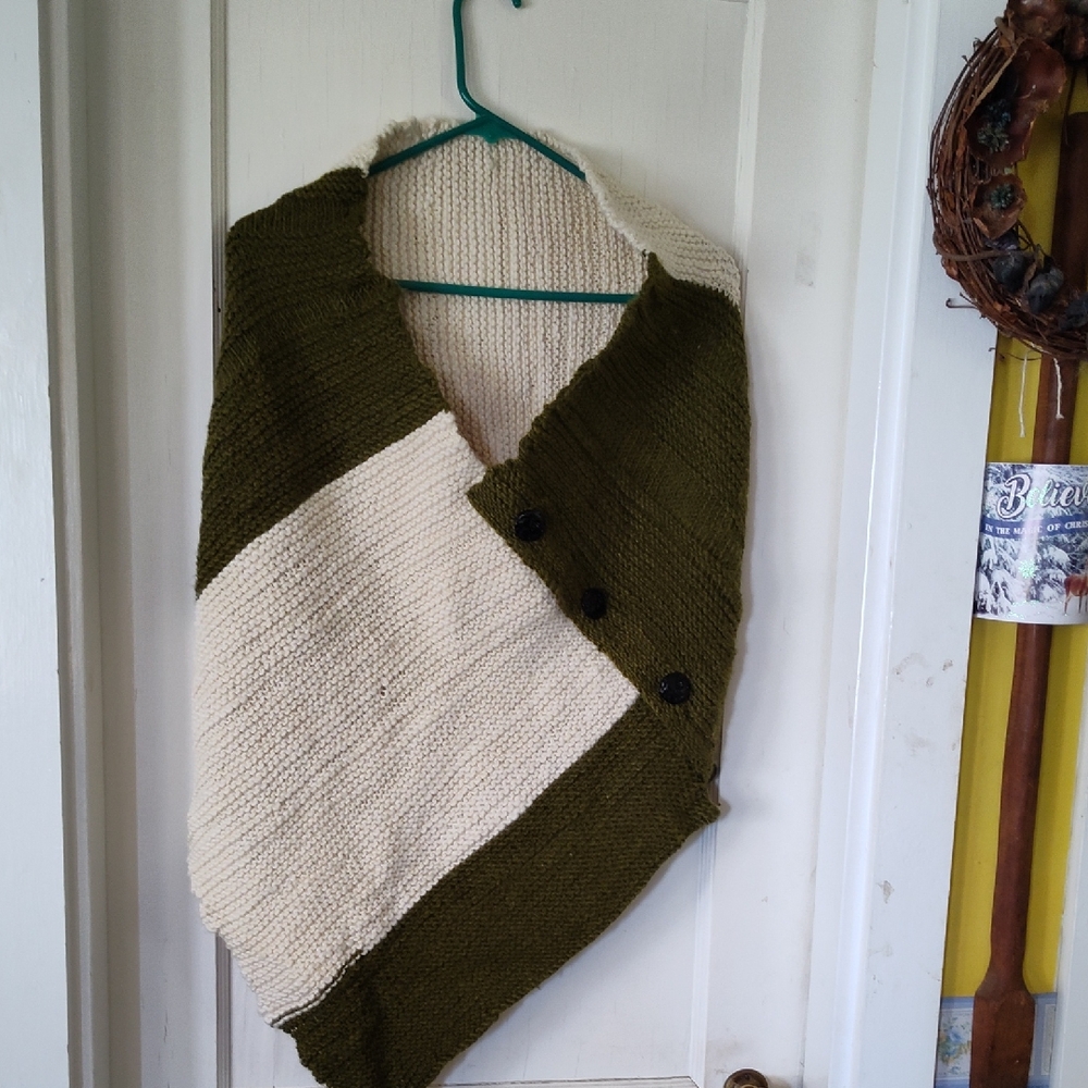 Olive Green and Cream Knit Poncho Hand Knit